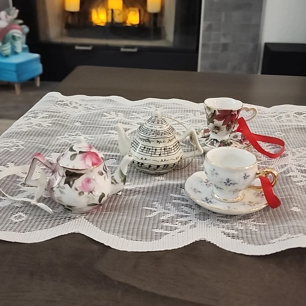 Christmas ornaments, miniature tea cups and tea pots